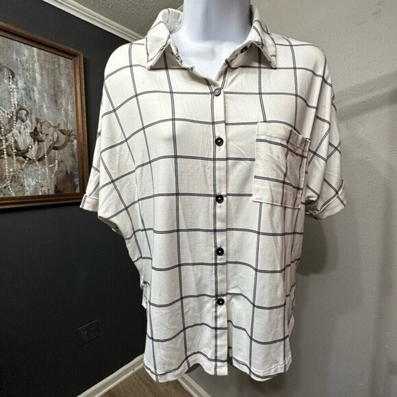 Sweet Rain Button Down Black&White Plaid Striped Size Medium Blouse Top - Picture 5 of 11